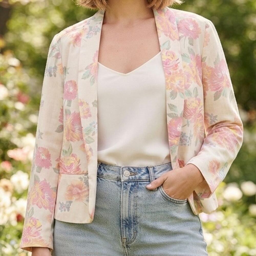 OLD NAVY | Floral Open-Front Semi-Cropped Blazer Cream Pink Green Yellow | XXL